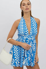 Blue Abstract Playsuit Halter Neck
