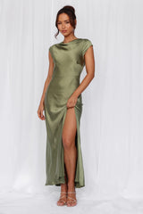 Beacnlady The Valentina Cap Sleeve Satin Maxi Dress Olive