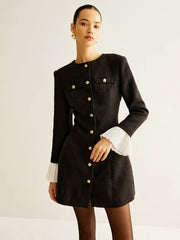 Pleated-Cuff Tweed Breasted Dress