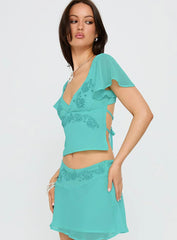 Pappilion Embroidered Top Aqua