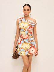 Asymmetric Neck Belted Print Dress
