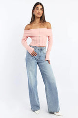 Pink Knit Top Long Sleeve Off Shoulder Zip Front
