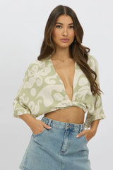 Green Abstract Tie Up Bolero Short Sleeve