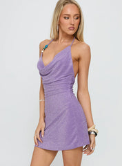 Indi Halter Cowl Neck Mini Dress Purple Shimmer