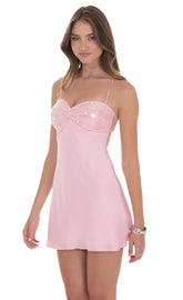 Satin Sequin Bust Dress in Pink
