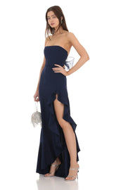 Strapless Back Bow Corset Maxi Dress in Navy