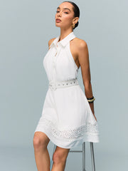 Linen Halter Belted Dress with Lace Hem