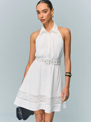 Linen Halter Belted Dress with Lace Hem