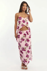 Pink Abstract Chiffon Maxi Skirt Lined