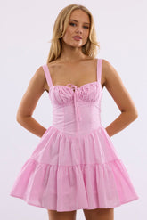 Pink Stripe Fit And Flare Dress Mini Gathered Bust