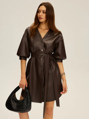 Faux Leather V-Neck Belted Mini Dress