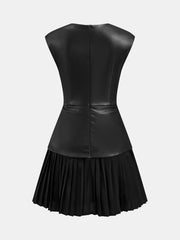 Pleated Panel Sleeveless PU Leather Dress