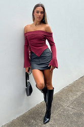 Red Off Shoulder Top Long Sleeve Ruched