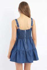 Blue Fit And Flare Dress Mini Gathered Bust