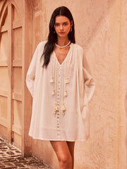 Tasseled Button Cotton Mini Dress