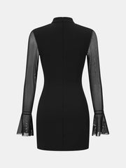 Sheer-Sleeve Flared-Cuff Mini Dress