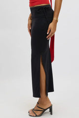 Black Midaxi Skirt Elastic Waist Spliced Bow Supersoft