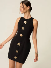 Metal-Button High-Neck Short Dress