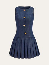 Metal Detail Denim Pleated Sleeveless Dress