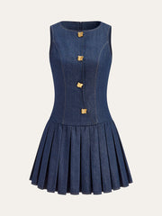 Metal Detail Denim Pleated Sleeveless Dress
