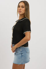 Black Knit Cardigan Short Sleeve Collared
