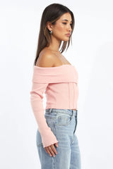 Pink Knit Top Long Sleeve Off Shoulder Zip Front