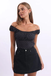 Black Polka Dot Tie Front Top Short Sleeve Lace Tape Detail