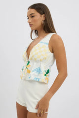 Yellow Abstract Tie Front Top