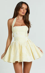 Maddy Mini Dress Square Neck Halter Fit And Flare Dress in Lemon