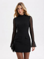Sheer-Sleeve Flared-Cuff Mini Dress