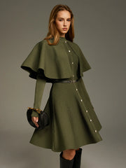 Capelet-Style Button-Front Belted Midi Dress