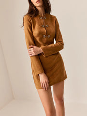 Suede Effect Metal-Detail Short Dress