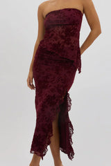 Red Maxi Skirt High Rise Ruffle Frill Hem Burnout