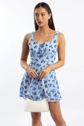 Blue Ditsy Mini Dress Gathered Bust