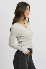 Grey Knit Cardigan Long Sleeve Crew Neck Button Up