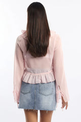 Pink Tie Up Top Long Sleeve V Neck Frilled Romantic