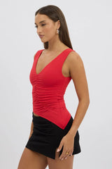 Red Sleeveless Top Asymmetric Hem