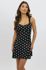 Black Floral Mini Dress Gathered Bust