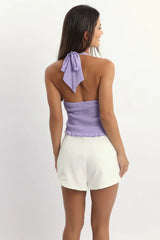Purple Halter Top Sleeveless Ruched Front