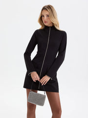 Rhinestone Trim Mock Neck Mini Dress
