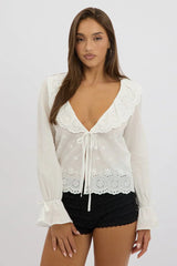White Eyelet Top Tie Front Long Sleeve Collared
