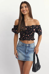 Black Ditsy Shirred Top Short Sleeve Square Neck Frill Details