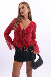 Red Tie Up Top Long Sleeve V Neck Frilled Romantic