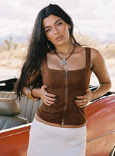 Rodeo Faux Suede Zip Through Top Brown