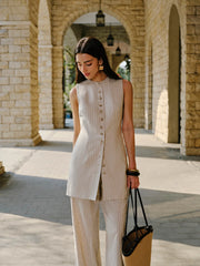 Linen Blend Button-Front Dress With Pockets