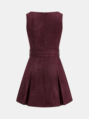 Belted Suede Pleated Mini Dress