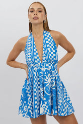 Blue Abstract Playsuit Halter Neck