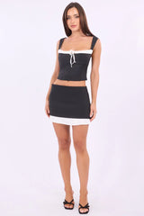 Black Satin Ruched Top Sleeveless Contrast Detail