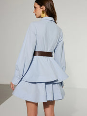 Belted Zip-Front Cotton Tiered Shirt Dress