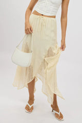 White Lace Elastic Waist Scarf Hem Maxi Skirt